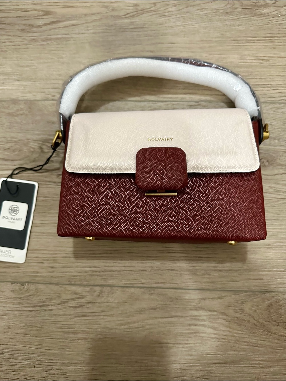 Cream and Brown Structured Shoulder Bag with Top Handle